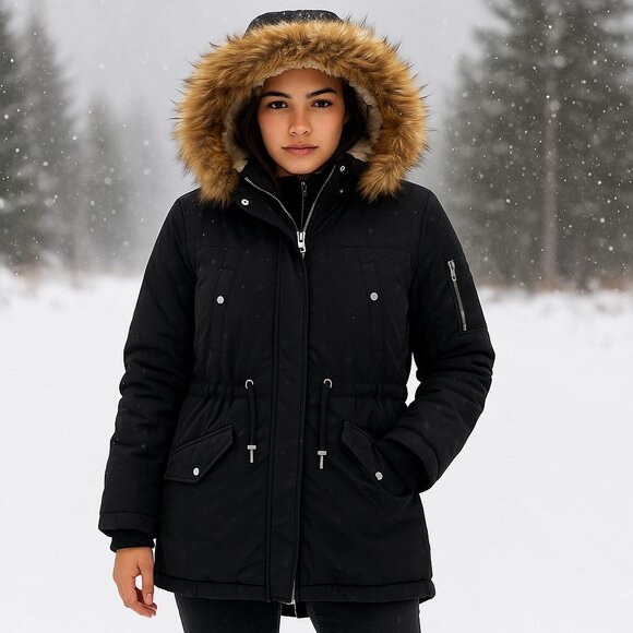 Steve Madden Mid Length Hooded Zip Front Long Sleeve Winter Parka Coat Womens L - Picture 1 of 16